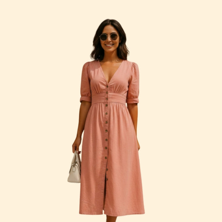 Women’s Button-Down Midi Dress with V-Neck
