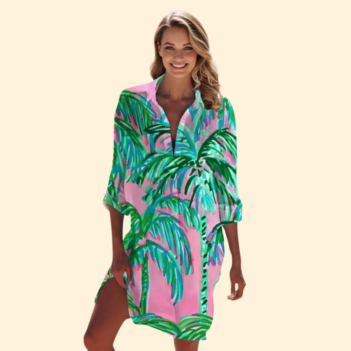 Women’s Button-Down Shirt Dress with Floral Print