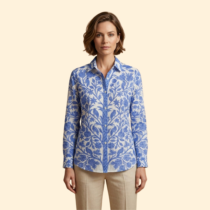 Women's Button-Down Shirt with Floral Bird Print