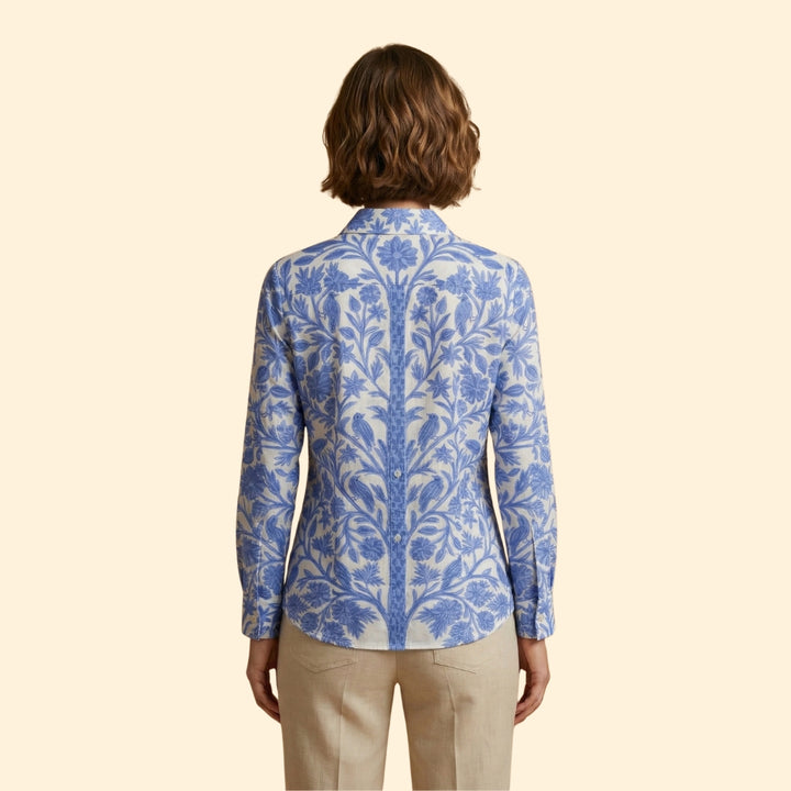 Women's Button-Down Shirt with Floral Bird Print