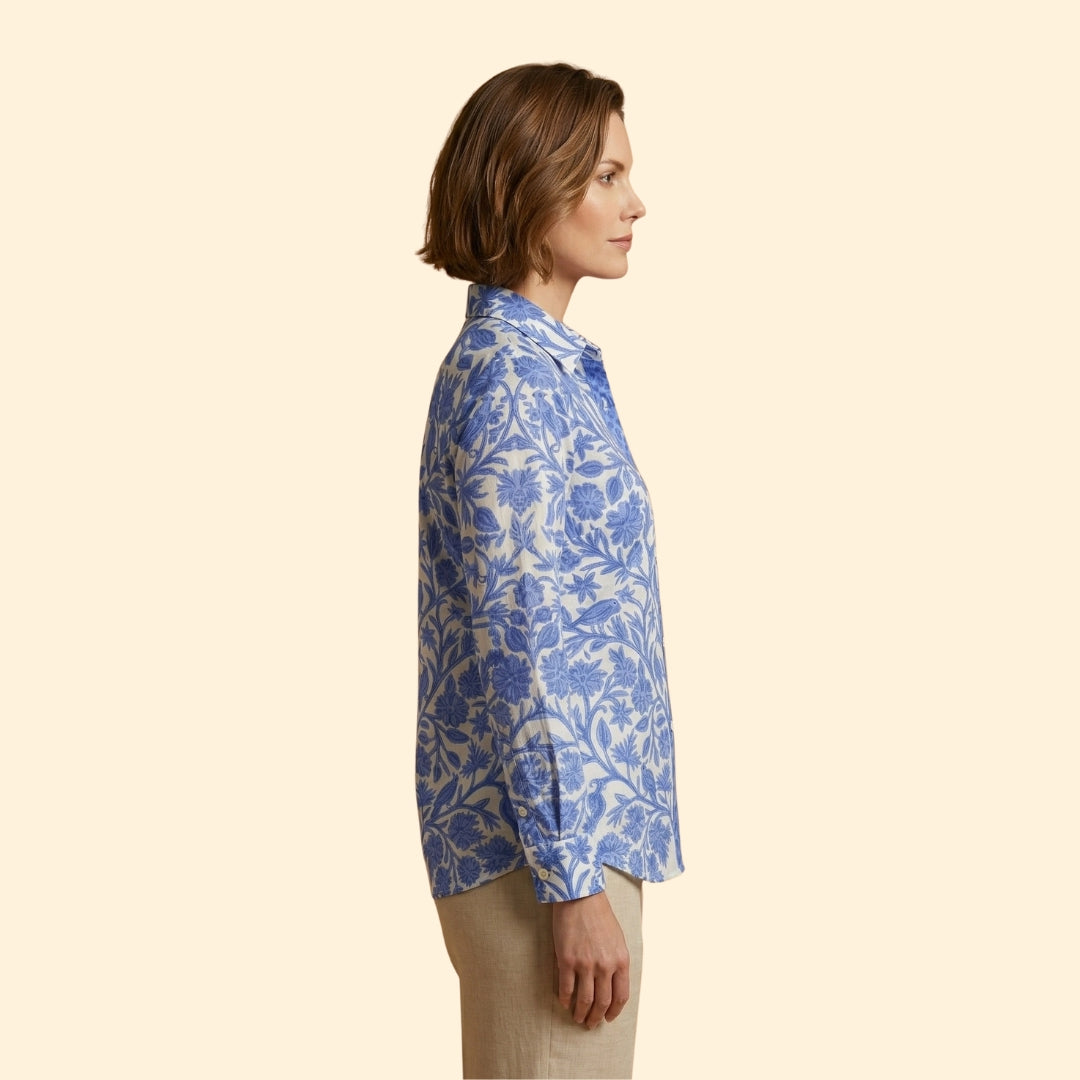Women's Button-Down Shirt with Floral Bird Print