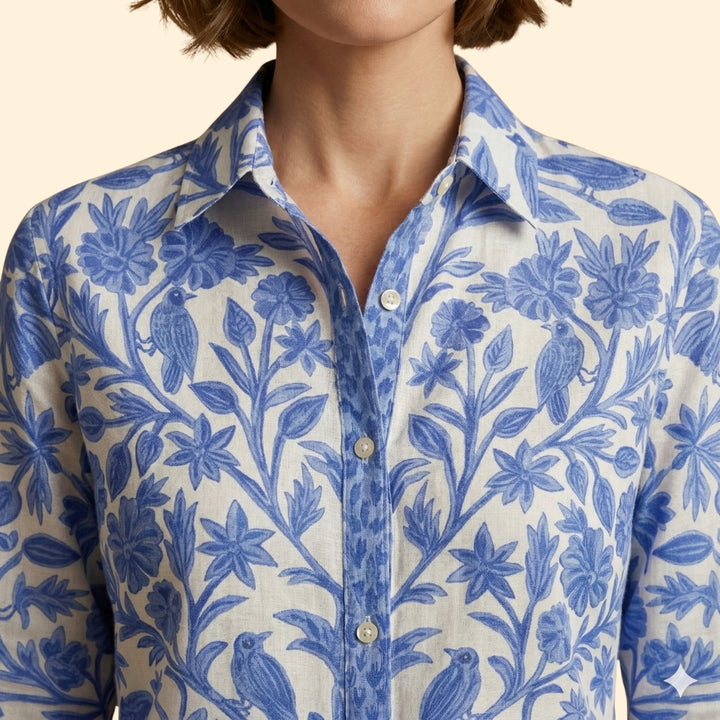Women's Button-Down Shirt with Floral Bird Print