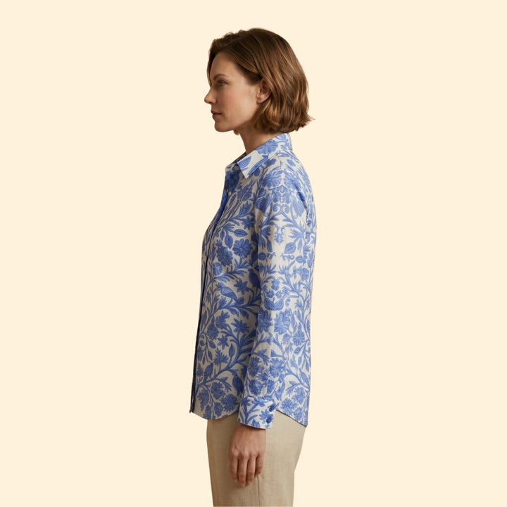 Women's Button-Down Shirt with Floral Bird Print
