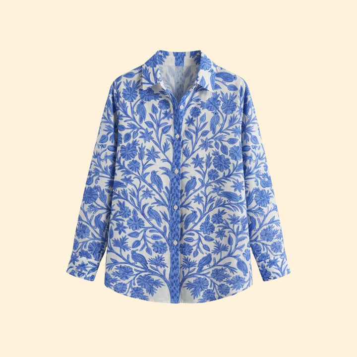 Women's Button-Down Shirt with Floral Bird Print