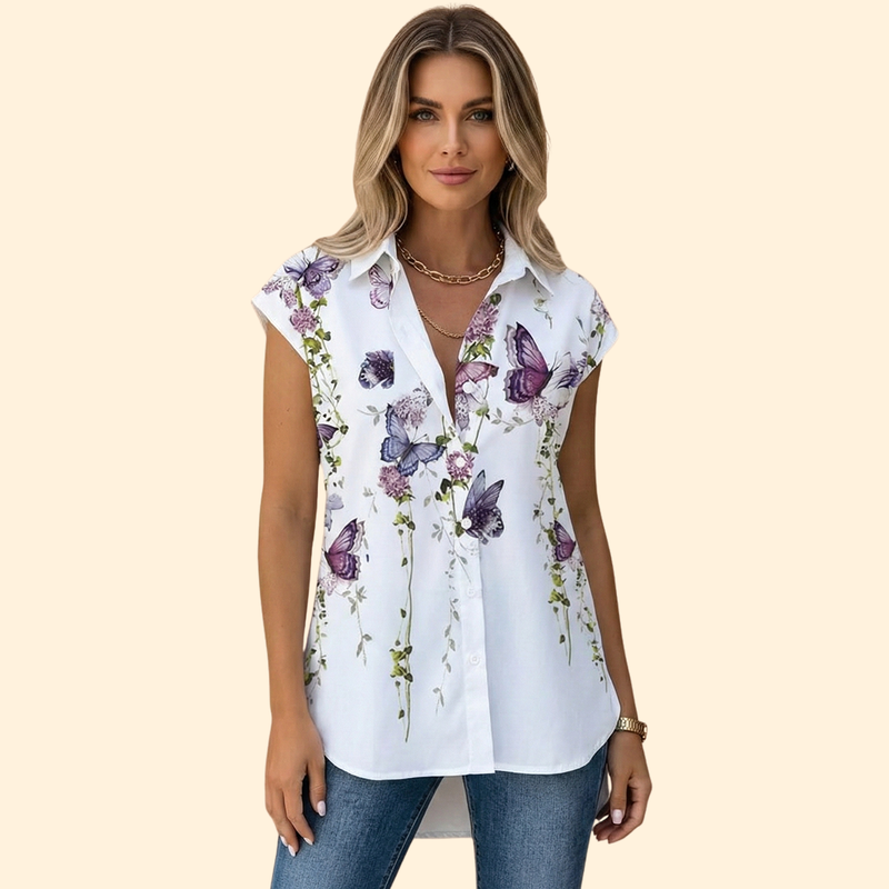 Women’s Button-Up Top with Butterfly Print