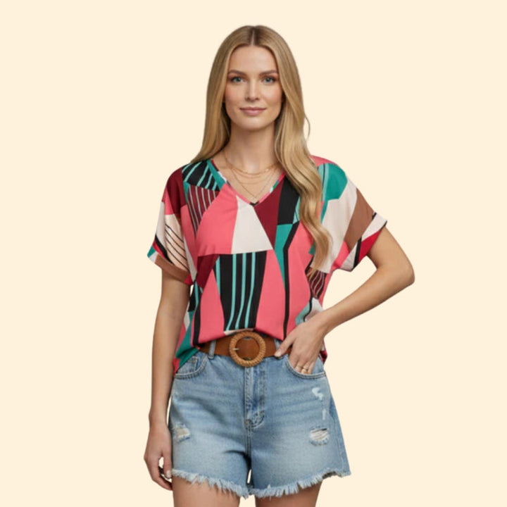 Women’s Casual T-Shirt with V-Neck and Bold Patterns