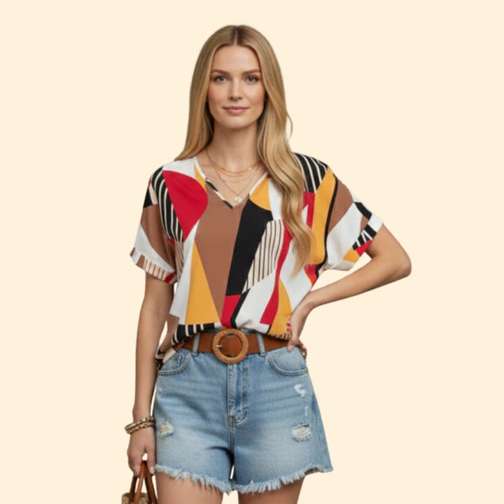 Women’s Casual T-Shirt with V-Neck and Bold Patterns
