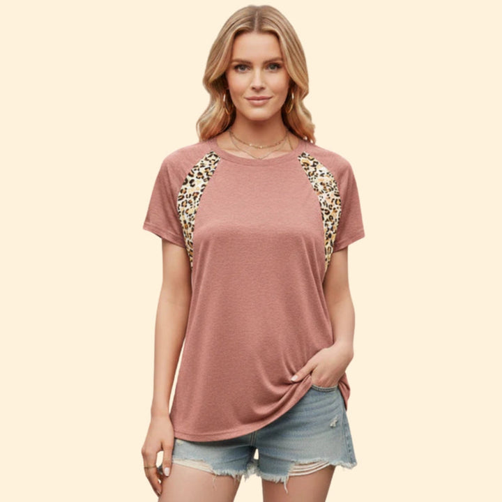 Women’s Casual Tee with Leopard Sleeve Design