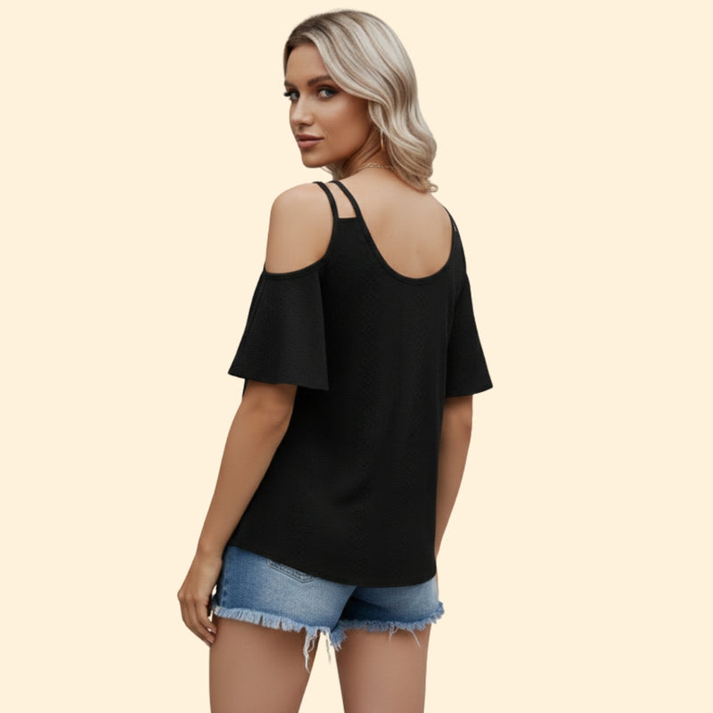 Women’s Casual Top with Cold Shoulder and Ruffle Sleeves