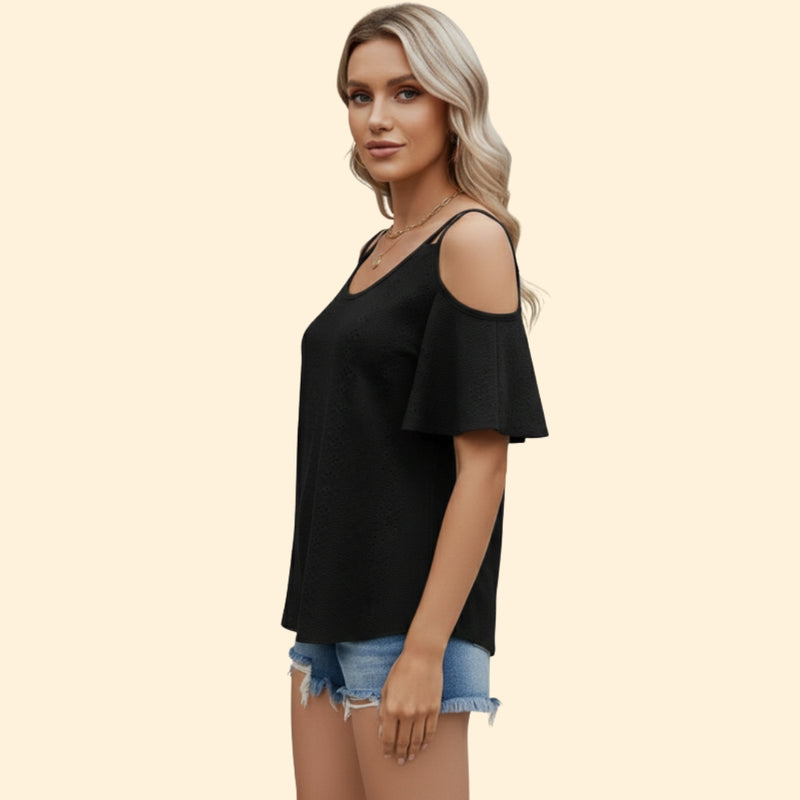 Women’s Casual Top with Cold Shoulder and Ruffle Sleeves