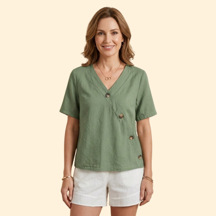 Women’s Casual V-Neck Blouse with Large Buttons