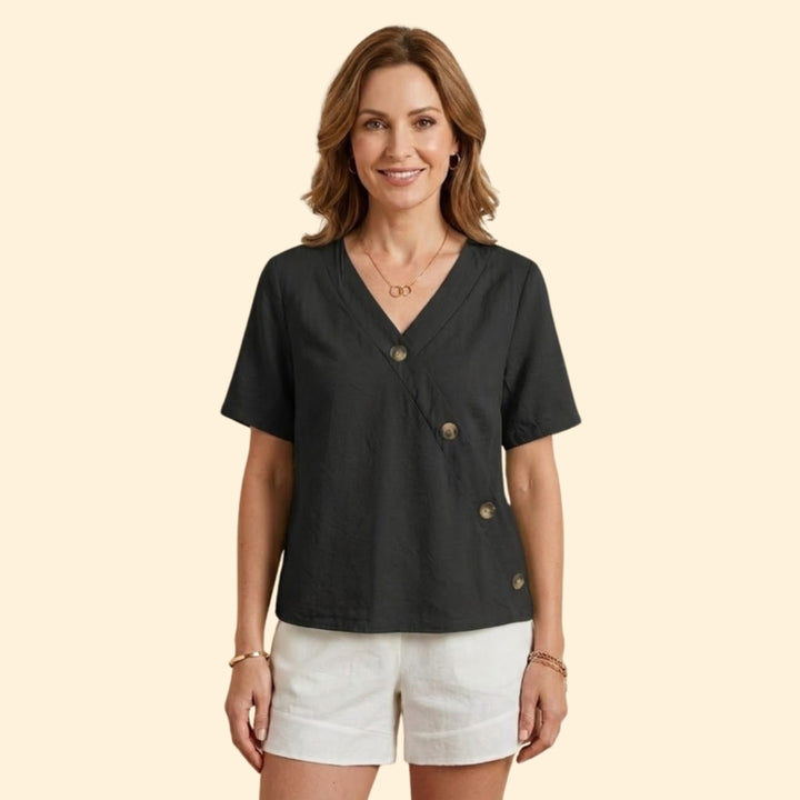 Women’s Casual V-Neck Blouse with Large Buttons