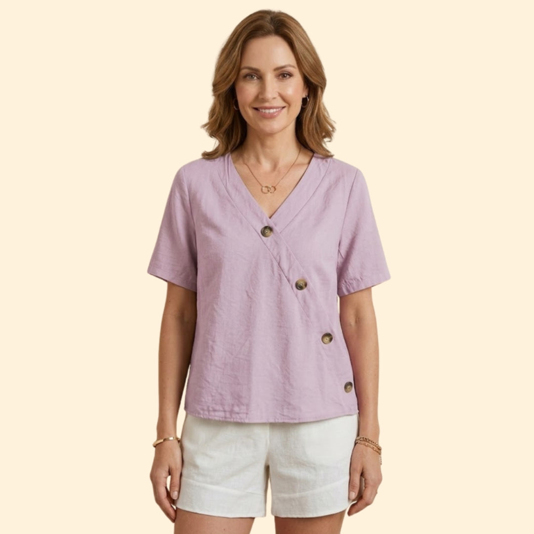 Women’s Casual V-Neck Blouse with Large Buttons