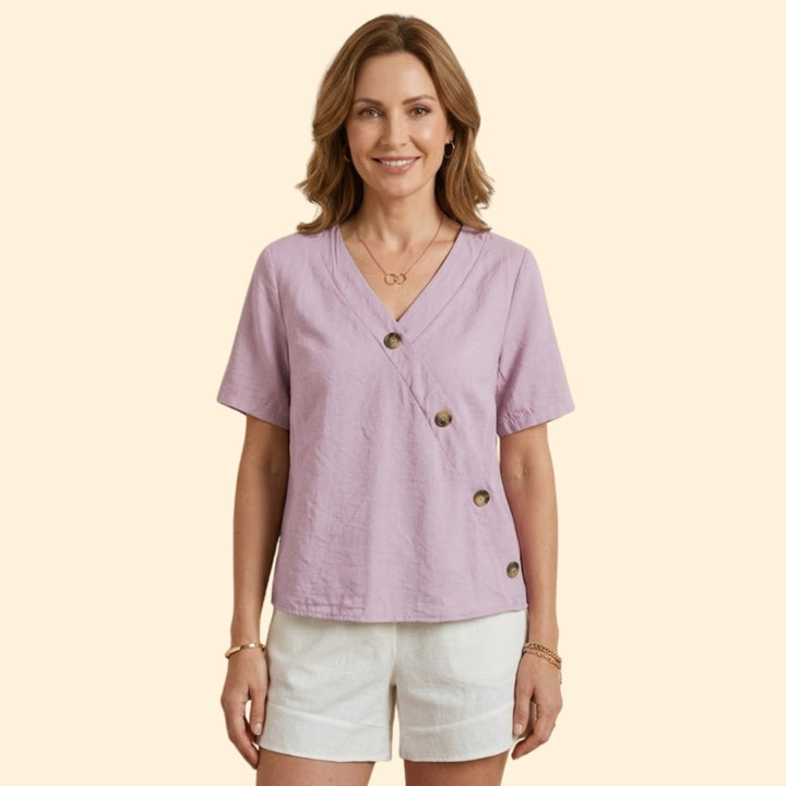 Women’s Casual V-Neck Blouse with Large Buttons