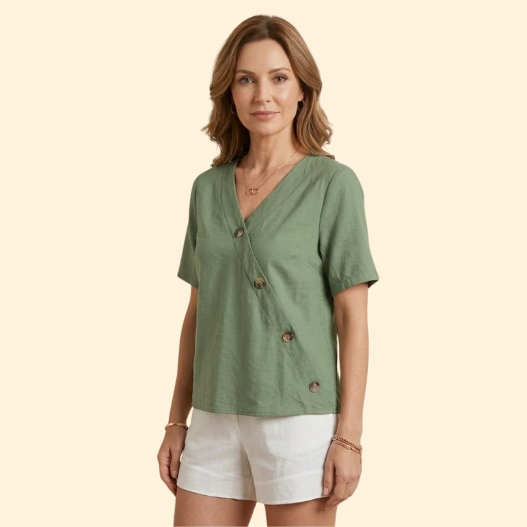 Women’s Casual V-Neck Blouse with Large Buttons