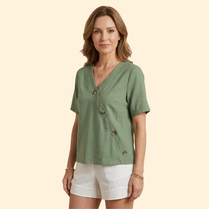 Women’s Casual V-Neck Blouse with Large Buttons