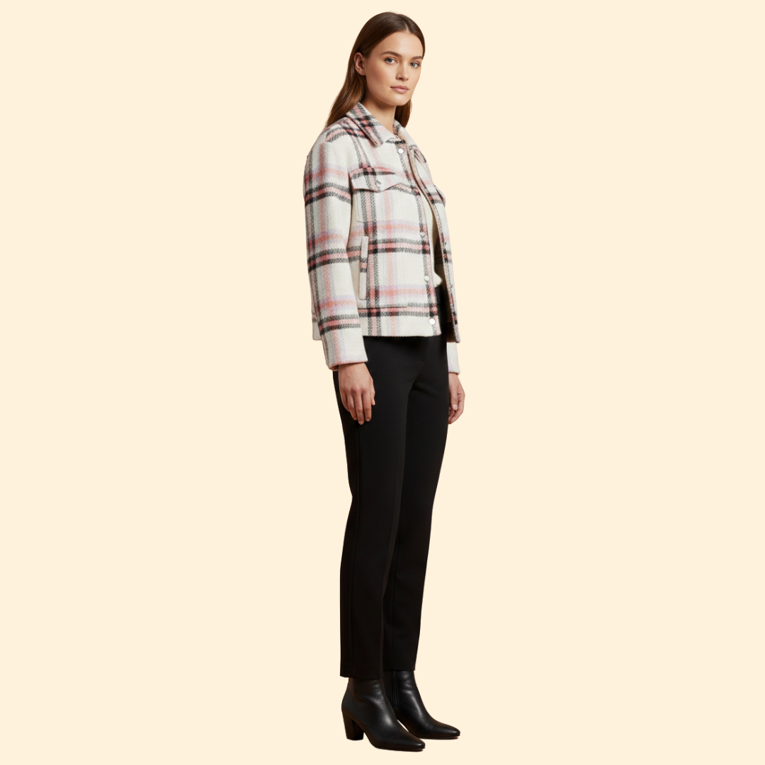 Women’s Checked Wool Bomber Jacket with Button Closure