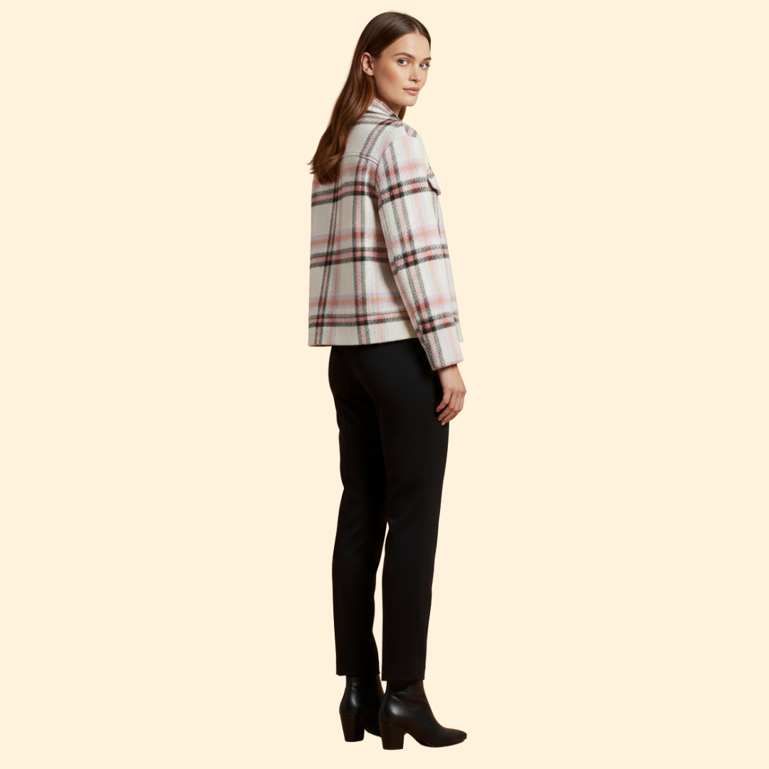 Women’s Checked Wool Bomber Jacket with Button Closure