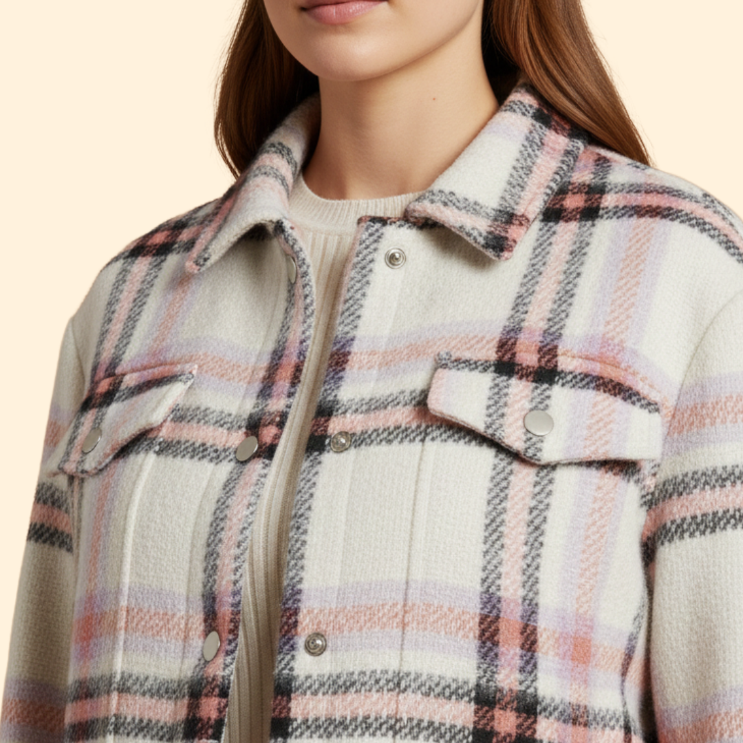 Women’s Checked Wool Bomber Jacket with Button Closure