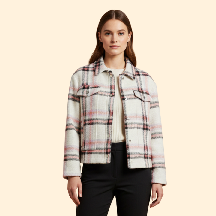 Women’s Checked Wool Bomber Jacket with Button Closure
