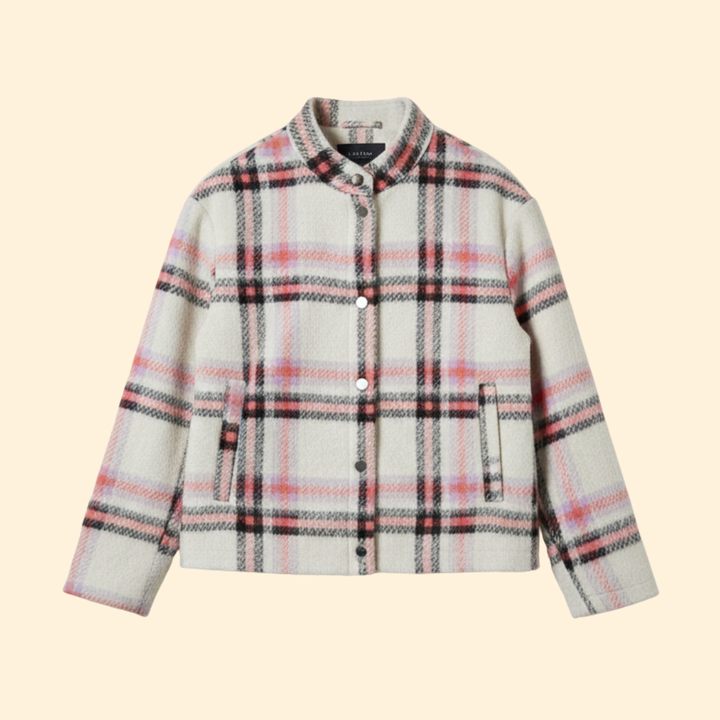 Women’s Checked Wool Bomber Jacket with Button Closure