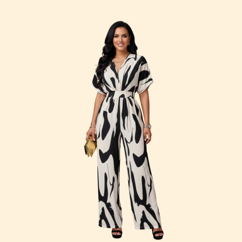 Women’s Short Sleeve Jumpsuit with Abstract Print