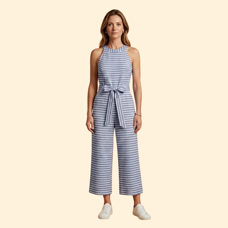 Women’s Striped Jumpsuit with Belted Waist