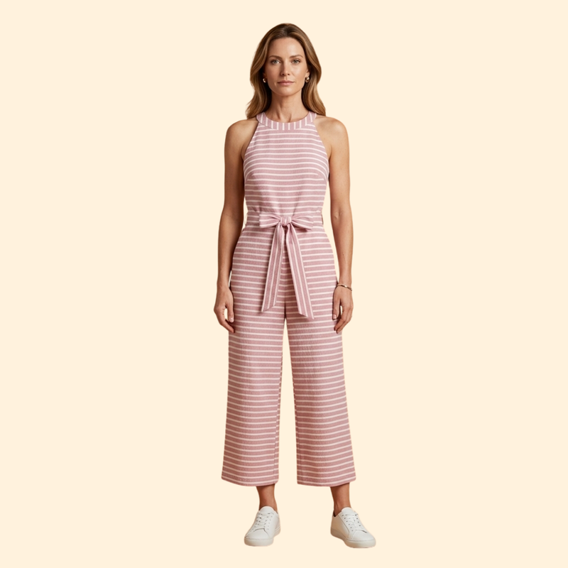 Women’s Striped Jumpsuit with Belted Waist