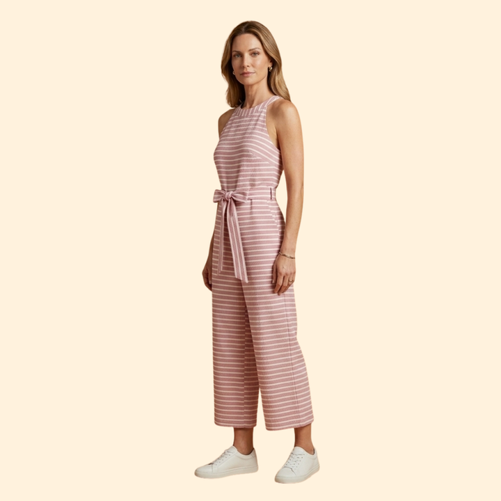 Women’s Striped Jumpsuit with Belted Waist