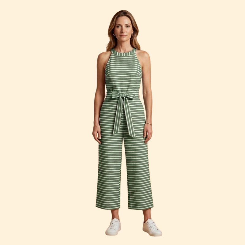 Women’s Striped Jumpsuit with Belted Waist
