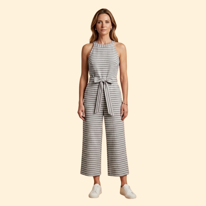Women’s Striped Jumpsuit with Belted Waist