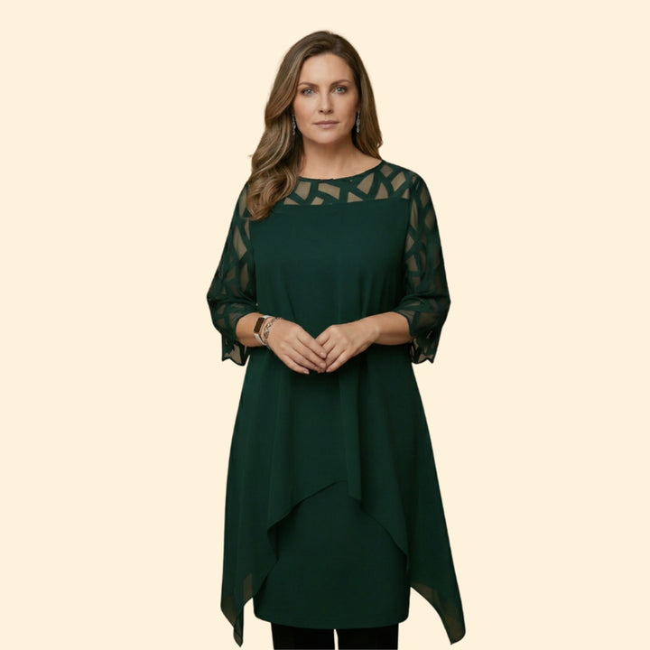 Women’s Chiffon Dress with Sheer Three-Quarter Sleeves