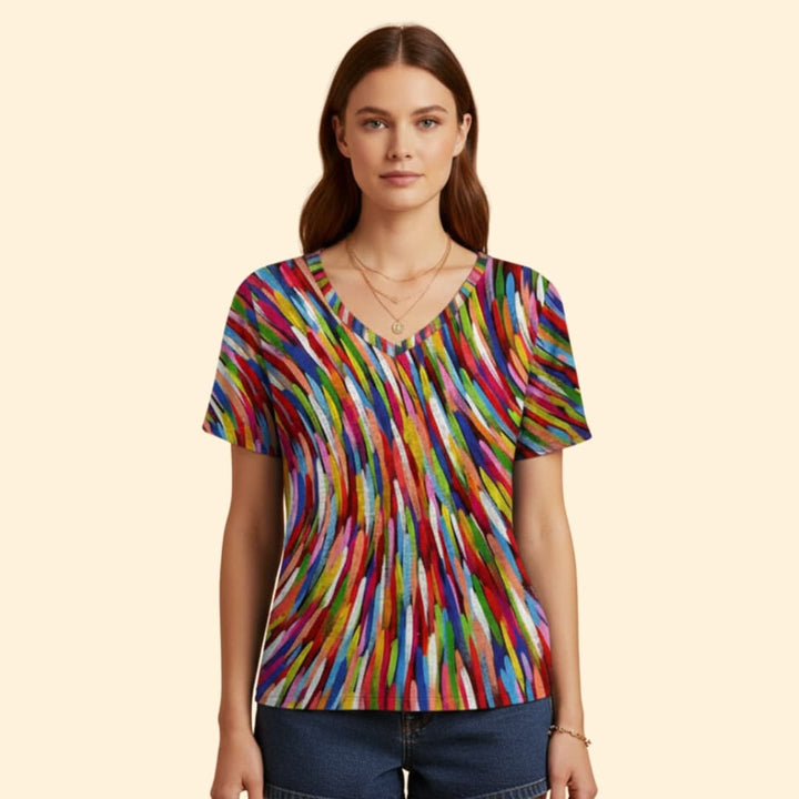Women’s Colorful V-neck T-shirt with Short Sleeves