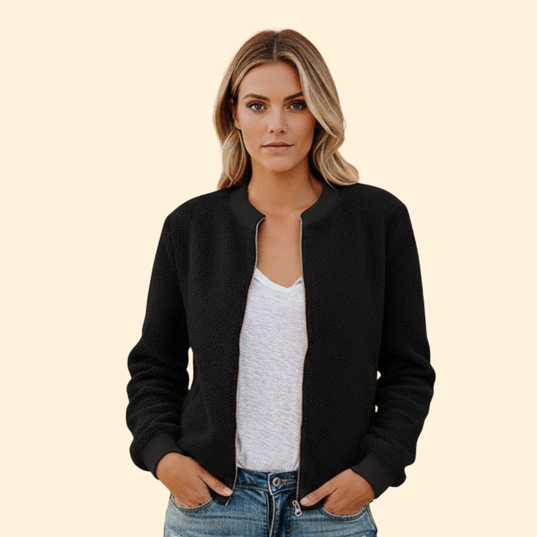 Women’s Fleece Bomber Jacket with Stand-Up Collar