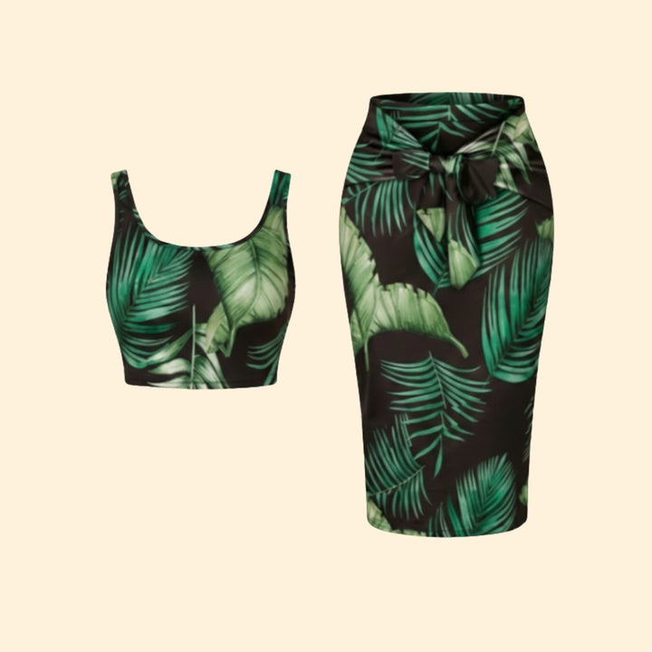 Women’s Crop Top and Midi Dress with Leaf Print