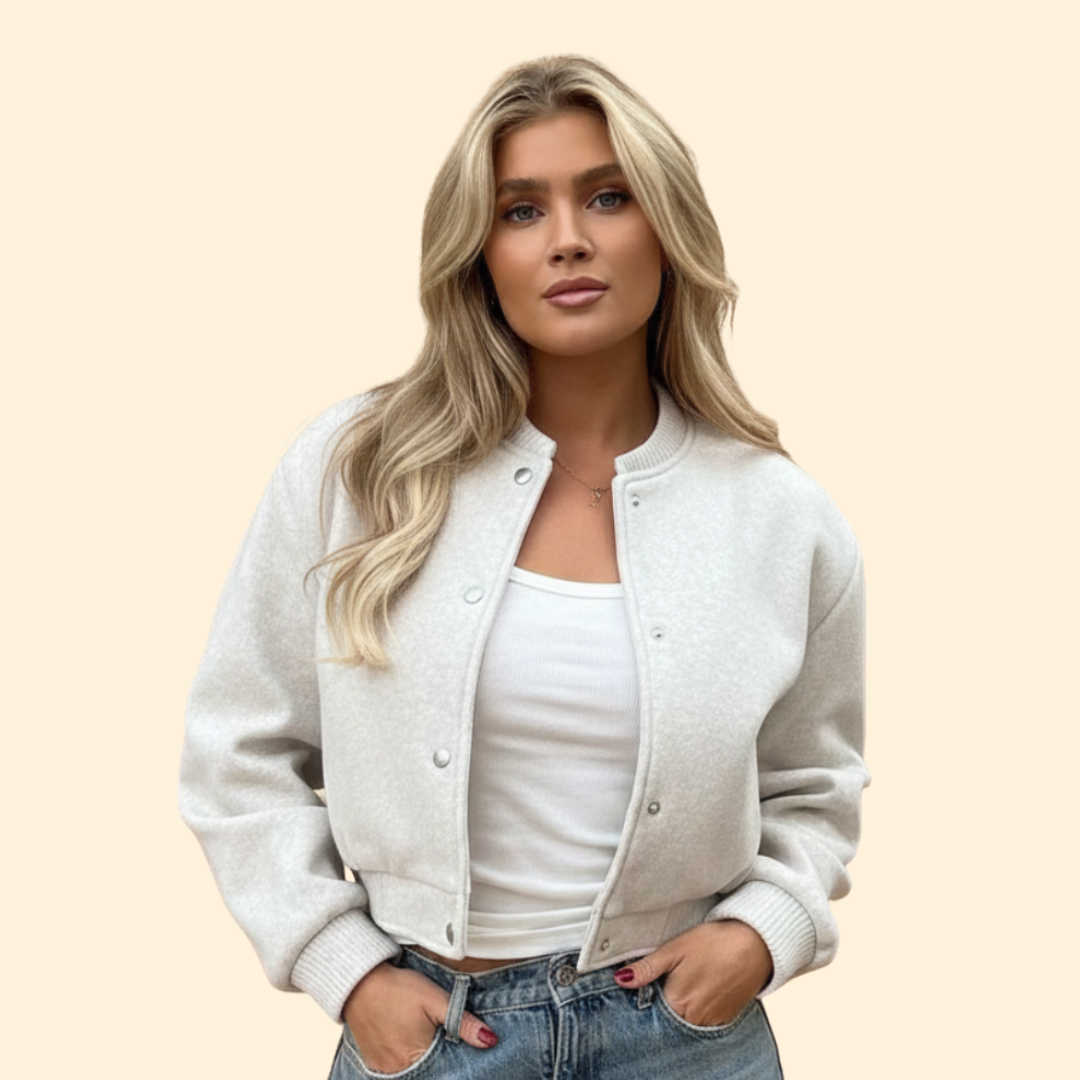 Women’s Cropped Bomber Jacket with Snap Button Closure