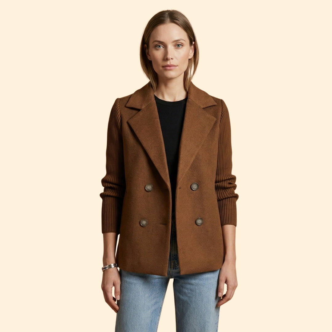 Women’s Double Breasted Blazer with Ribbed Knit Sleeves