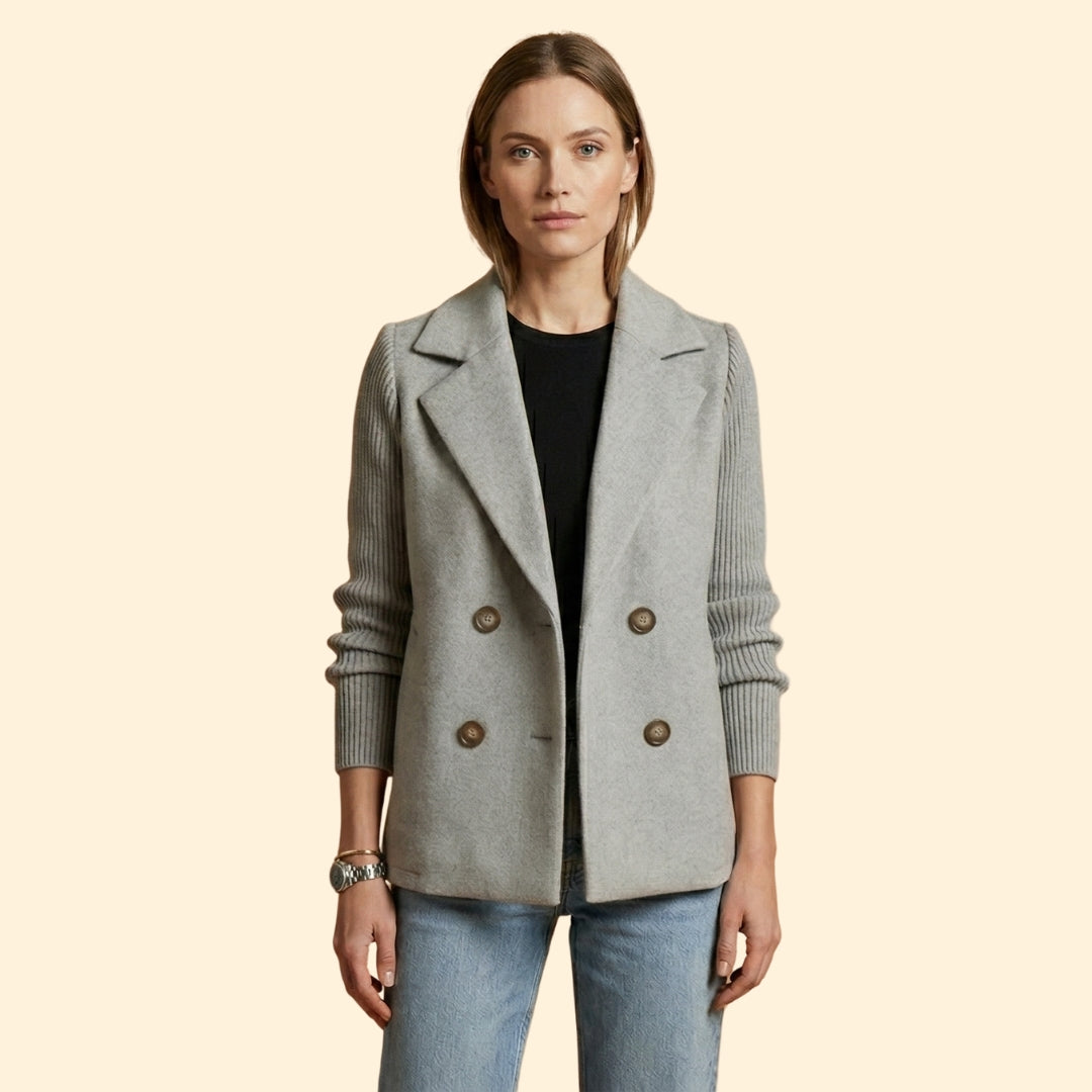 Women’s Double Breasted Blazer with Ribbed Knit Sleeves