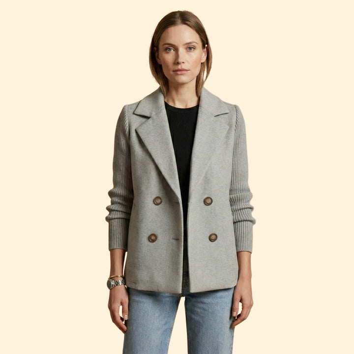 Women’s Double Breasted Blazer with Ribbed Knit Sleeves