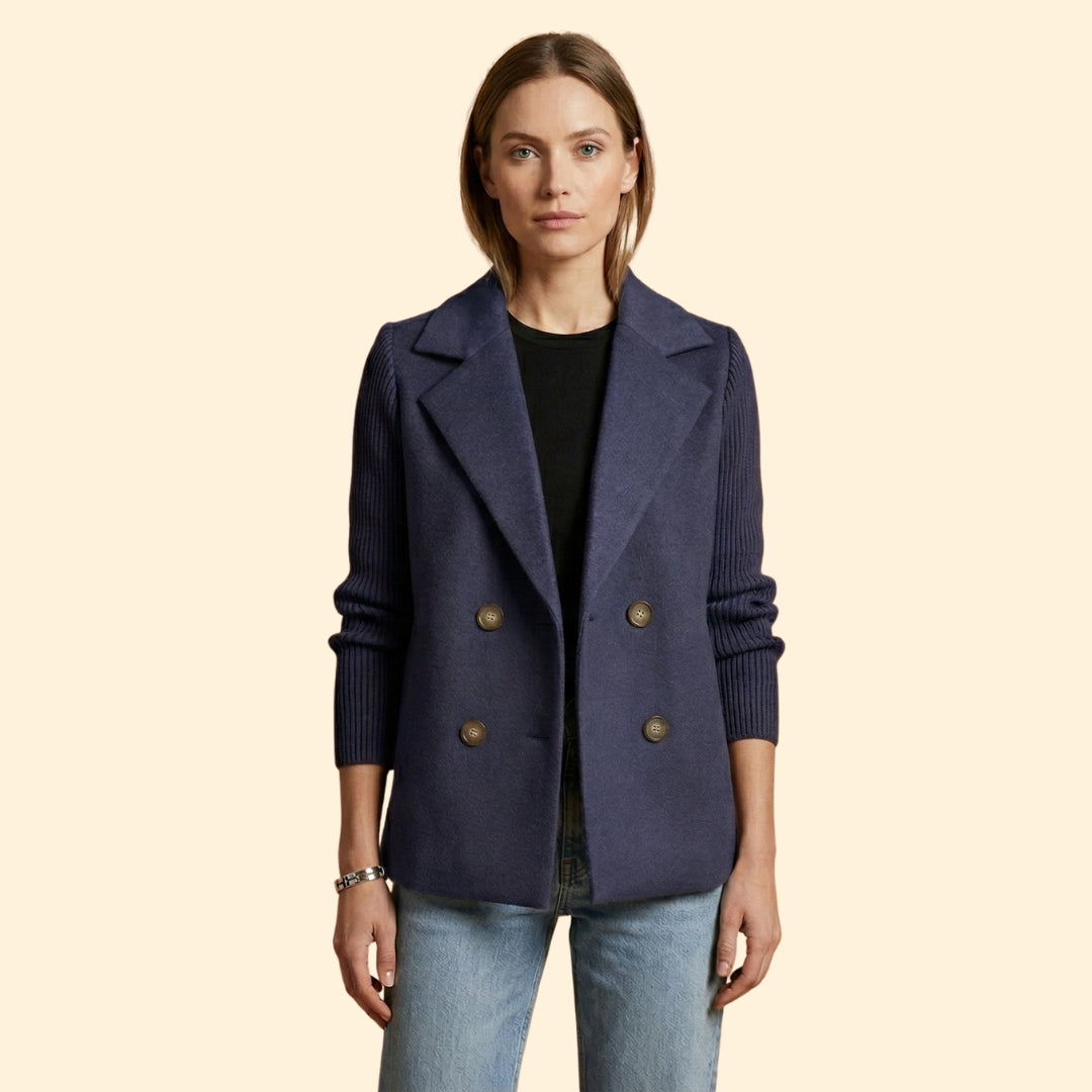 Women’s Double Breasted Blazer with Ribbed Knit Sleeves