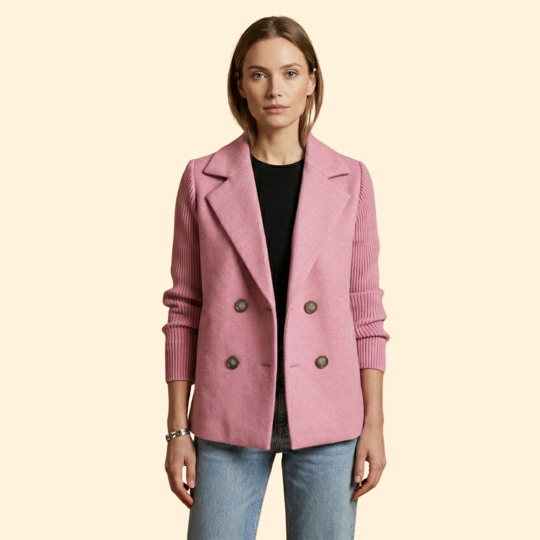 Women’s Double Breasted Blazer with Ribbed Knit Sleeves