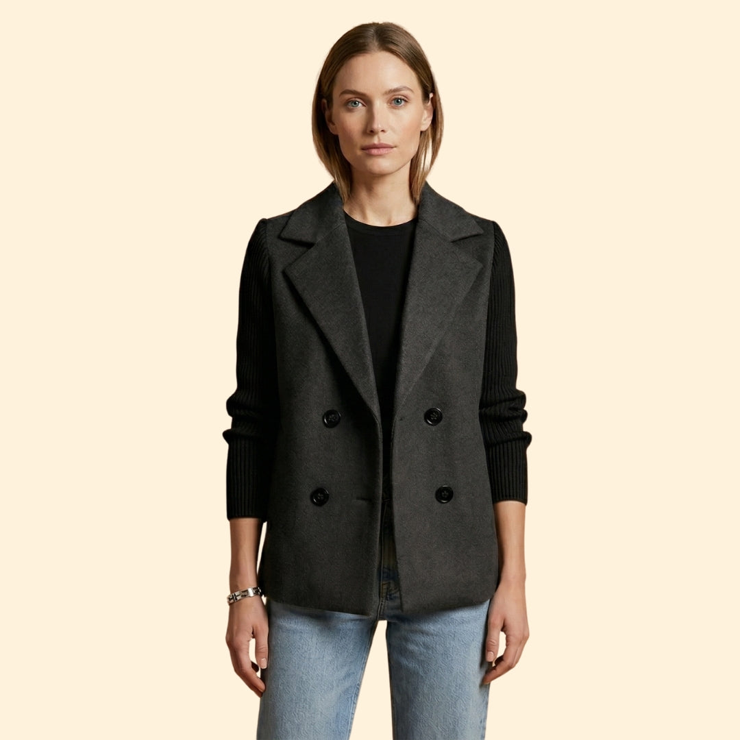 Women’s Double Breasted Blazer with Ribbed Knit Sleeves