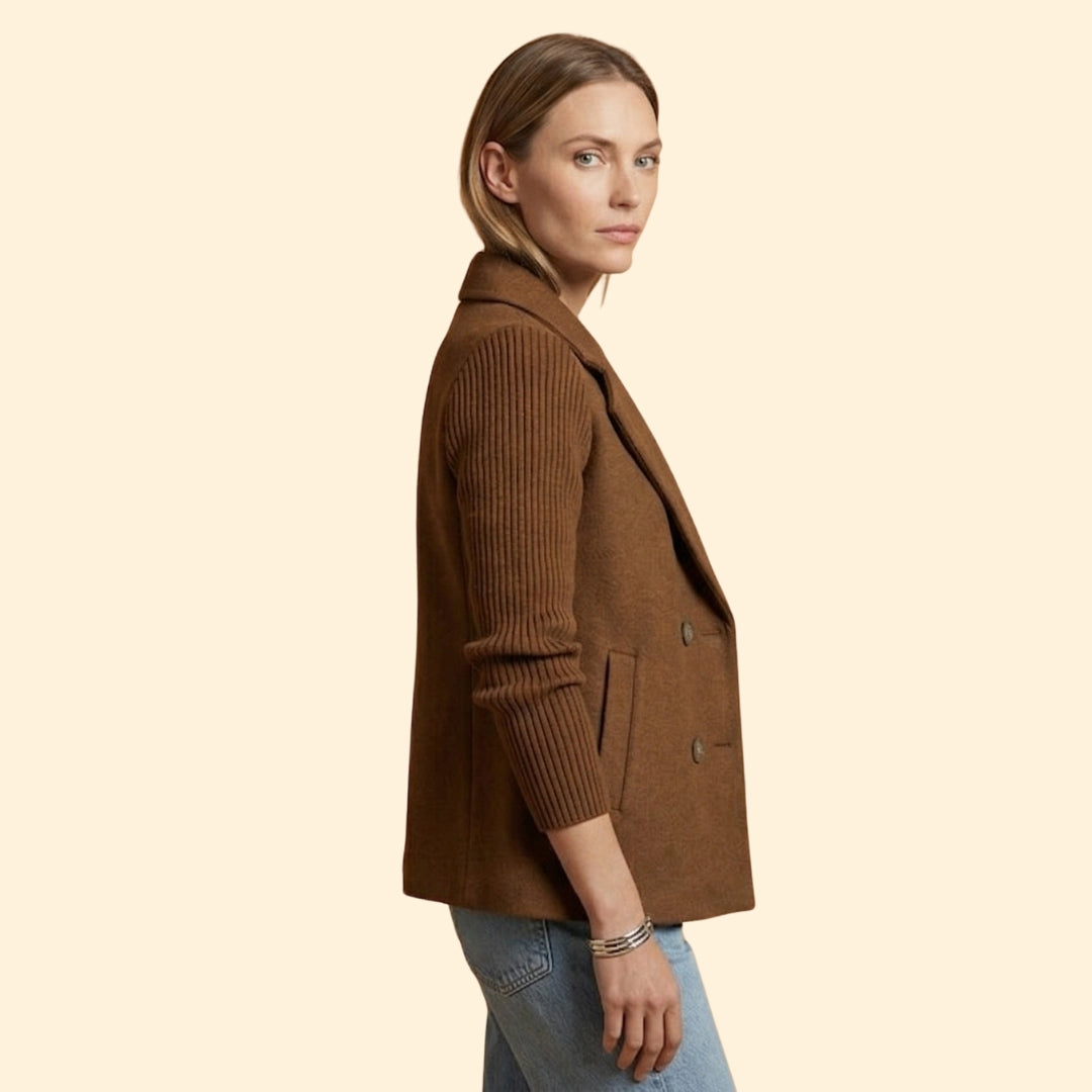 Women’s Double Breasted Blazer with Ribbed Knit Sleeves