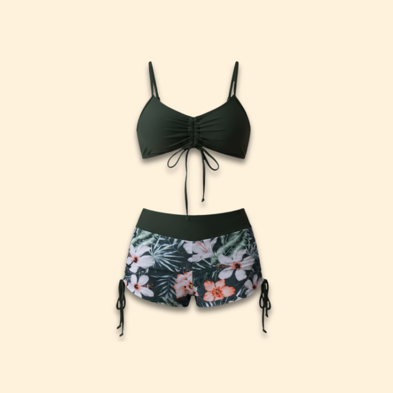 Women’s Floral Bikini Set with High-Waisted Shorts