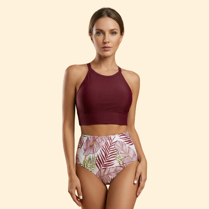 Women’s Floral Bikini Set with High Neckline