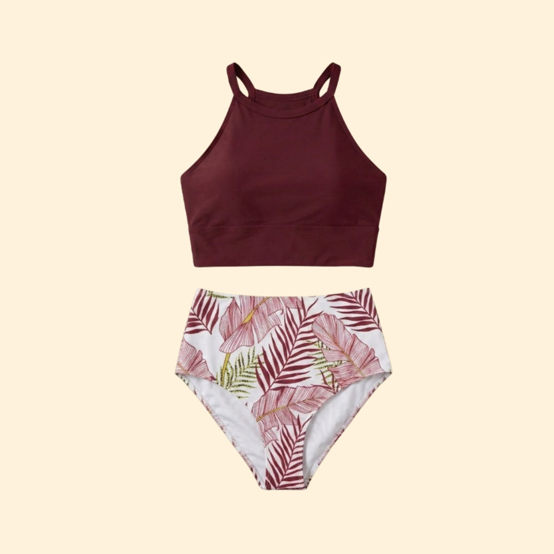 Women’s Floral Bikini Set with High Neckline