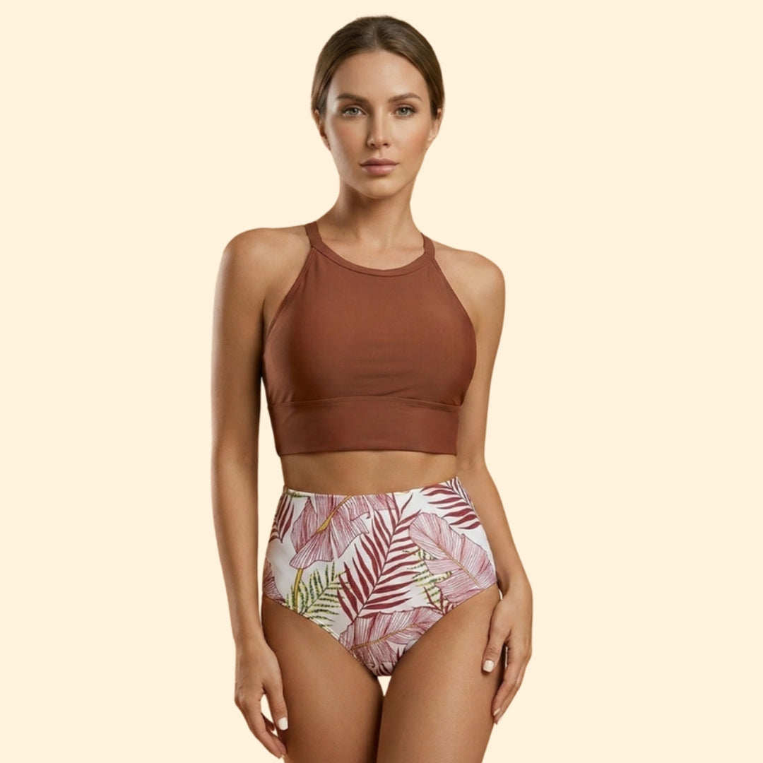 Women’s Floral Bikini Set with High Neckline