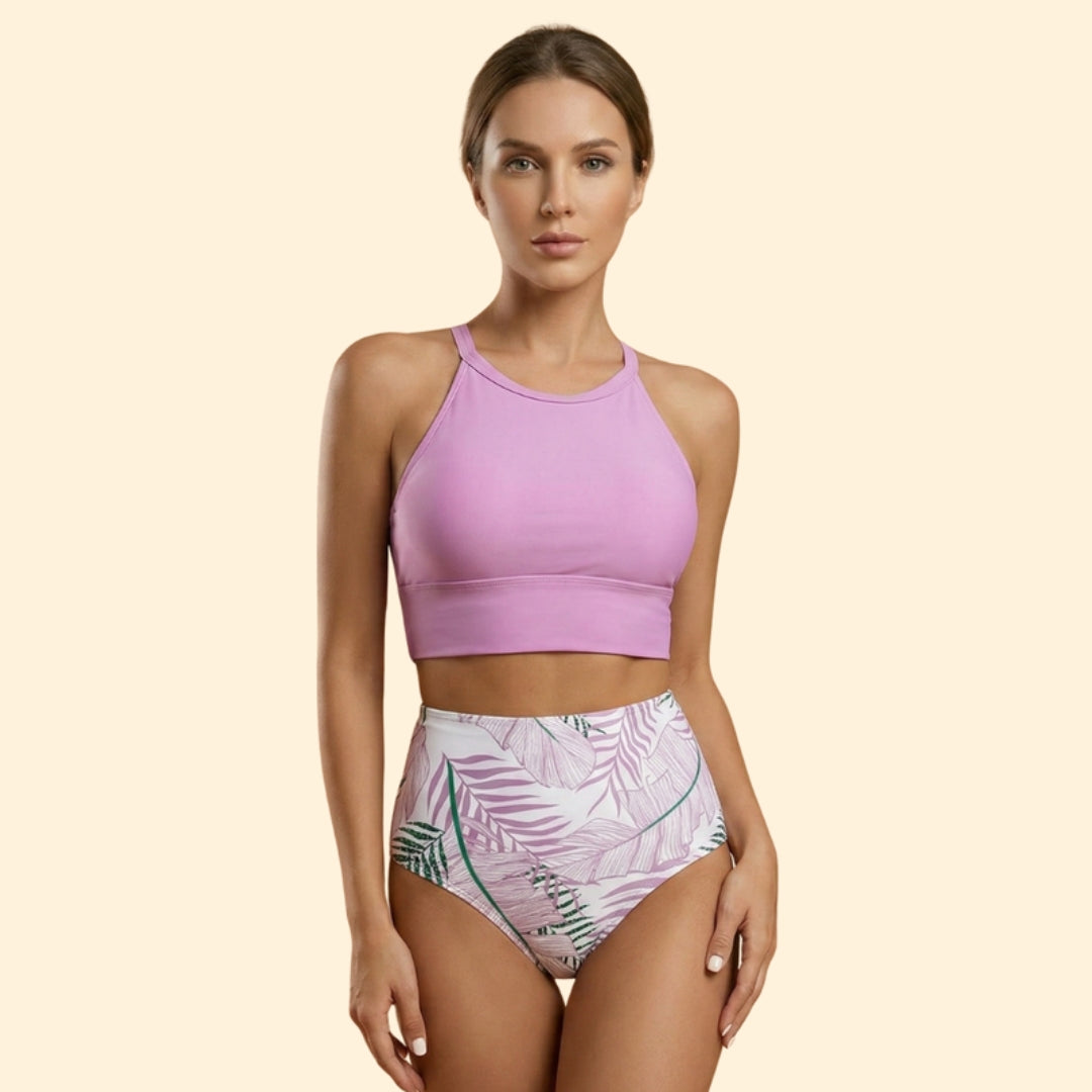 Women’s Floral Bikini Set with High Neckline
