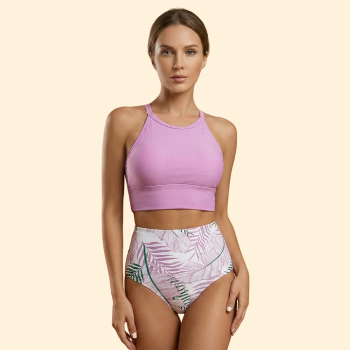 Women’s Floral Bikini Set with High Neckline