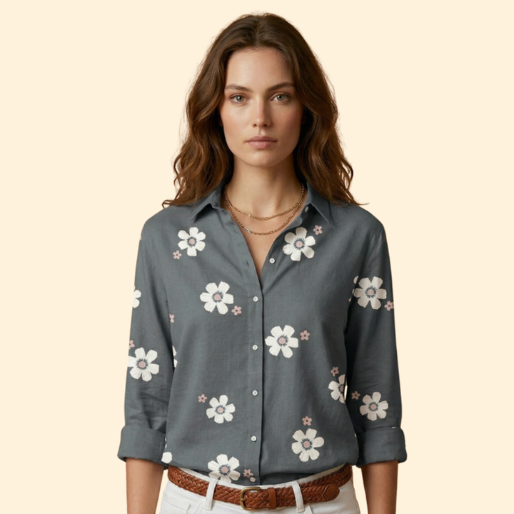 Women’s Floral Blouse with Pointed Collar